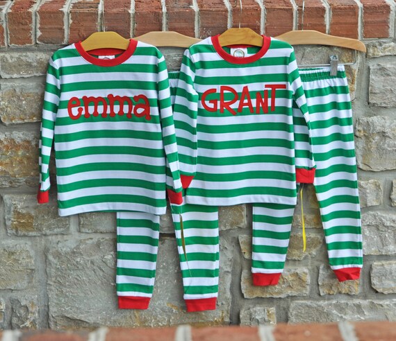 Christmas Green Stripe Pajamas - Personalized Monogram PJs - Size 12m-10 years - JULIANNE ORIGINALS