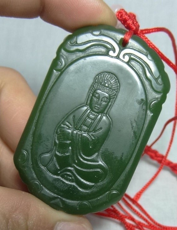 Chinese Green Jade Kwan Yin Female Buddha Pendant