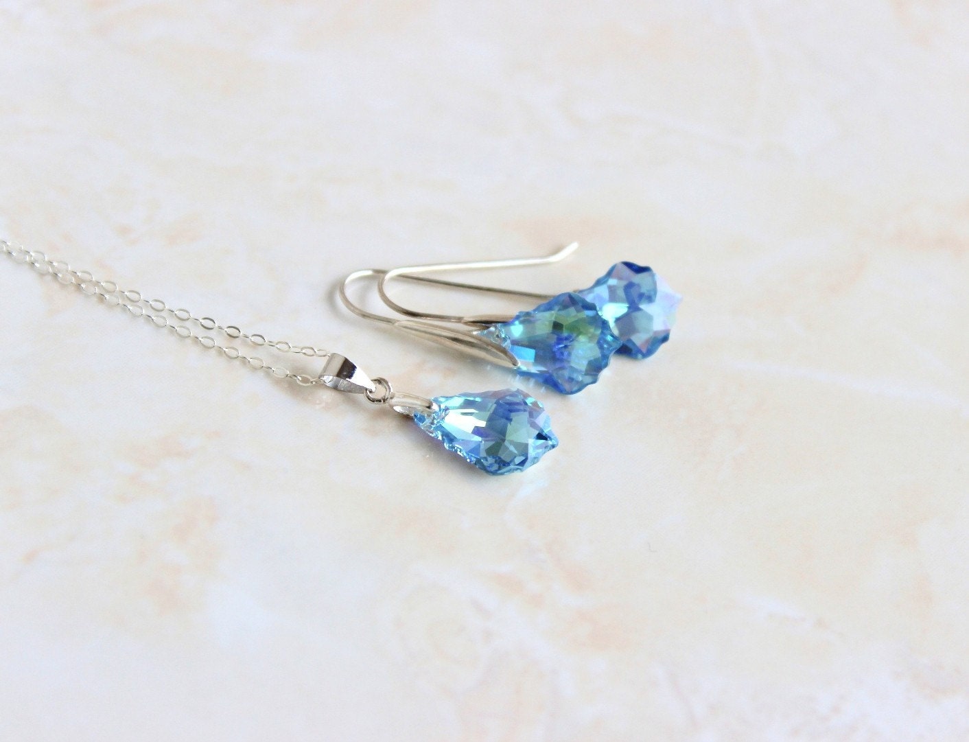 Swarovski Aquamarine Crystal Necklace and Earrings Set