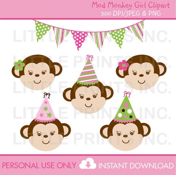 Mod Monkey Girl Birthday Clipart INSTANT DOWNLOAD Il_570xn