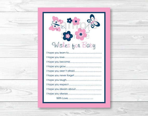 Pink Gray Butterfly Flowers Printable Baby Shower Wishes for Baby Advice Cards