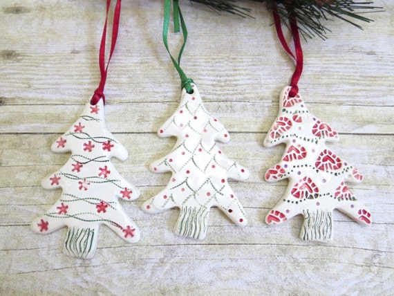 Ceramic Christmas Tree Ornament Set of Three Handmade Holiday