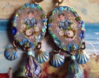 Lilygrace Sailor Boy Cameo Earrings with Vintage Rhinestones and Crystal Beads