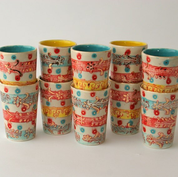 Ceramic tumblers in Gigi the Parisian Gypsy pattern Available
