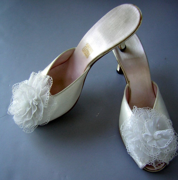 White Satin Heels Slippers Boudoir Bridal Daniel Green Vintage