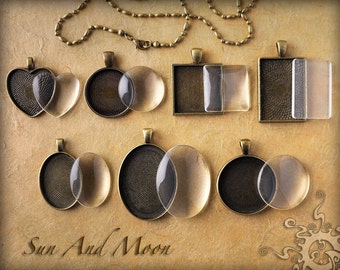 Cabochons Settings Jewelry Antique Bronze DiY KITS ~ 7 Sets ~ Bezel, Necklace, Premium FX Glass Pieces ~ Photo Jewelry Charm Pendant Trays