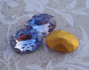 Vintage 18x13mm Light Sapphire & Rose Gold Foiled Pointed Back Faceted Oval Glass Jewels or Cabs (2 pieces)