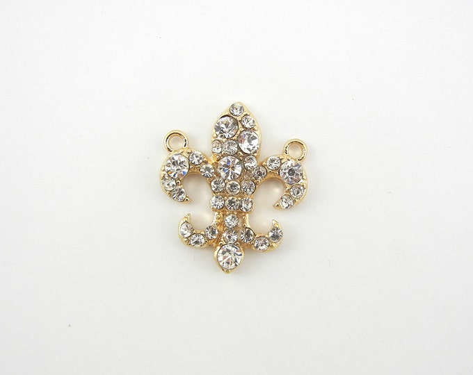 Small Gold-tone Fleur de Lis Double Link Pendant Rhinestones