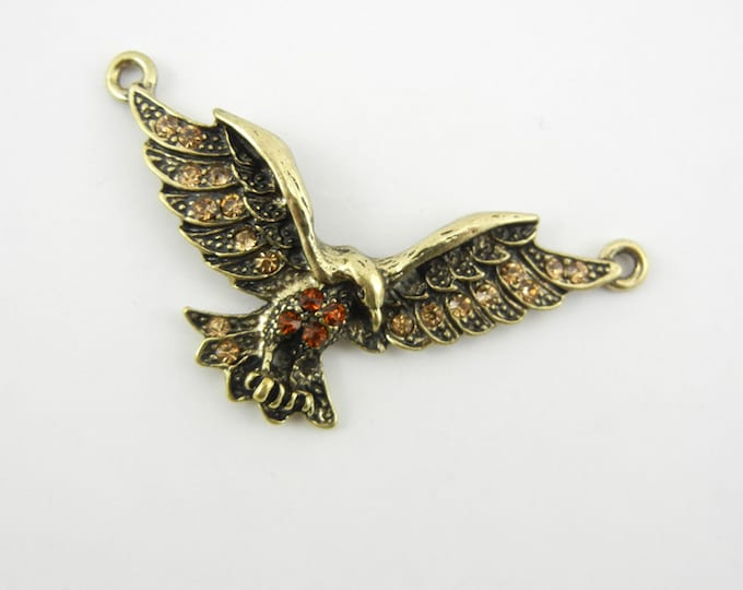 Double Link Flying Eagle Bird Pendant Topaz Rhinestones Burnished Gold-tone