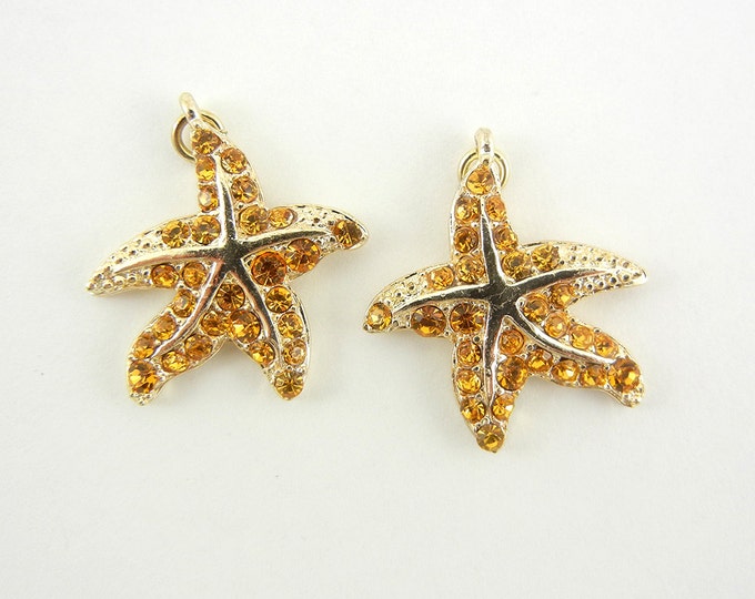 Pair of Small Gold-tone Starfish Charms Topaz Rhinestones