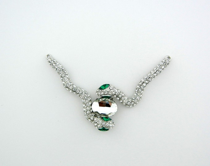 Set of Double Link Silver-tone Two Rhinestone Snakes Pendant Green Eyes