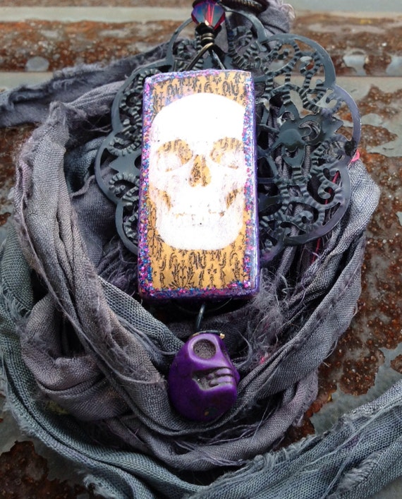 Spooky Halloween Skull Pendant on Twilight Silk Sari Ribbon     Fair Trade  Upcycled Necklace  Filigree Jewelry originally 20 dollars now 10