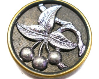 SALE 1800s metal BUTTON, Victorian Cherries in silver. Price reduced.