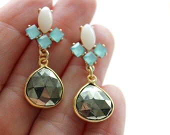 Pyrite stone earrings, bridal jewelry, gold earrings, wedding jewelry