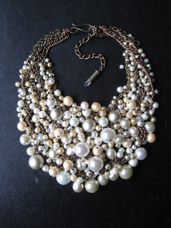 Pearl Bib Statement Necklace Ivory Cream Ecru And Brass