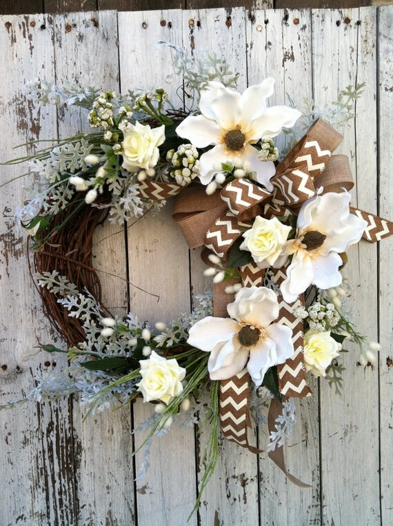 White Wreath Magnolia Flower Wreaths Burlap Chevron Wedding