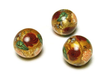 Handmade Beads Polymer Clay Three Round Crazed Gold Leaf DIY Red Rose Bee Leaf Canework Bead Supplies Sweetchild Jewelry 15 mm