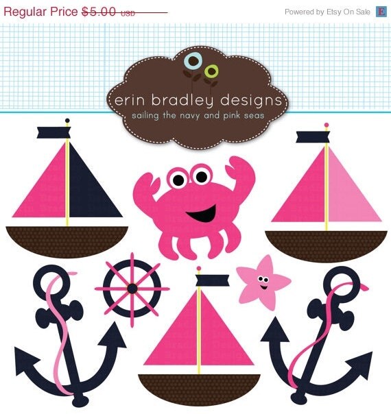 50% OFF SALE Nautical Girls Clipart Clip Art Preppy Fuchsia Pink and Navy Blue Il_570xn