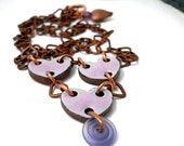 ON SALE Purple Chained Hearts Valentine Necklace, Copper, Elaine Ray Ceramic Hearts, Periwinkle Lampwork Swirl Glass