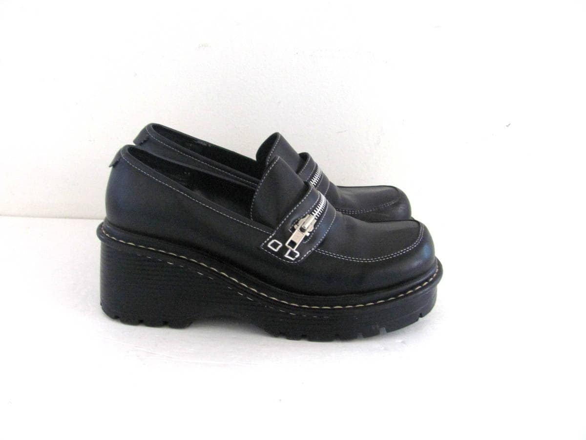 black chunky heel loafers