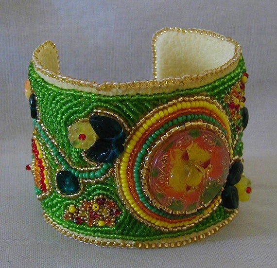 Bead Embroidered Floral Cuff Bracelet by SimplyBeadedTreasure