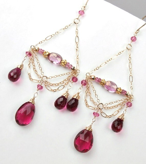 Pink Chain Chandelier Earrings 14kt Gold Fill by DoolittleJewelry