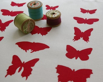 butterflies - handprinted fabric panel, raspberry on cotton or linen