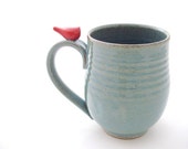Large Handmade Pottery Mug With a Little Red Bird - AbbyTPottery