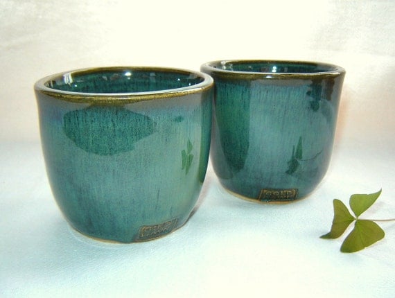 Whiskey Tumbler Irish Coffee Cup Set of 2 in Green Stoneware Pottery