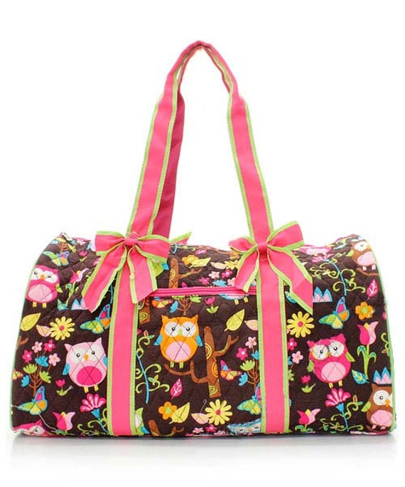 Personalized Hot Pink Accented Owl Quilted Duffle Bag