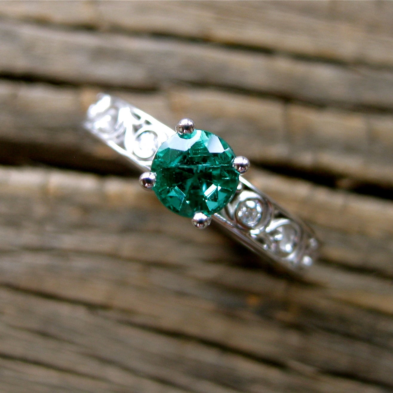 Forest Green Emerald Engagement Ring in 14K White Gold with