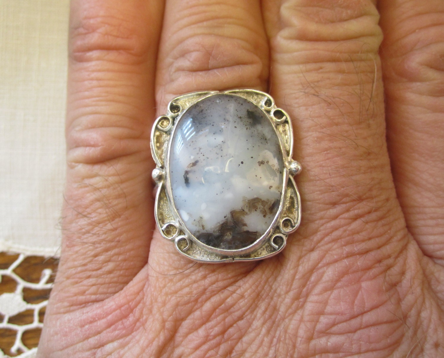 Sterling Silver Montana Moss Agate Ring Size 9 1/2 FREE