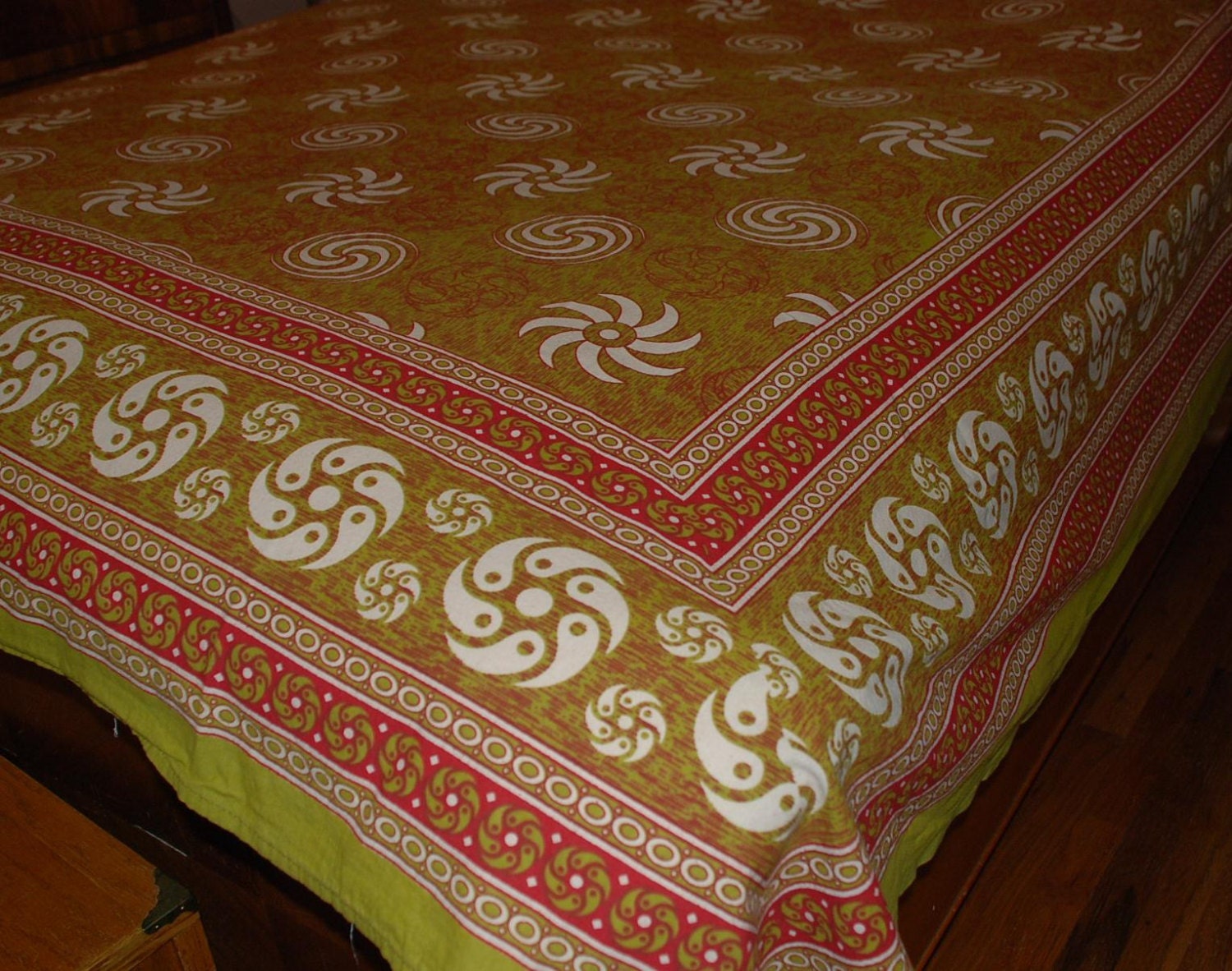 Hippie East Indian Bedspread Fabric Green Red Spiral