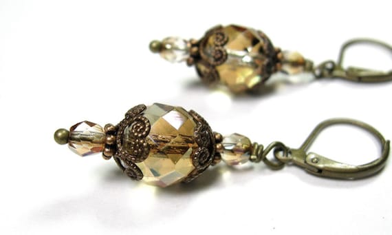 Victorian Style Vintaj Brass Latte Czech Glass by jewelrybyNaLa