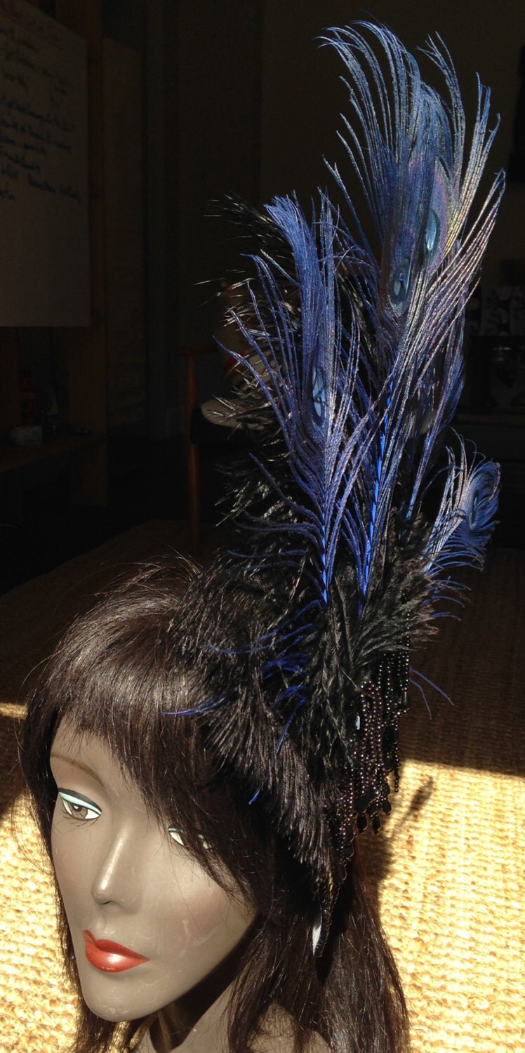Burlesque Feather Fascinator with Bead and Sequin Black Leaf Detail and