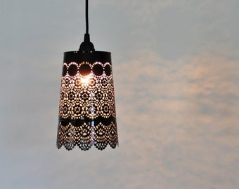 BLACK Lace Pendant Lamp - UpCycled Hanging Mesh Metal Garden Planter Lighting Fixture - BootsNGus Lamps Design