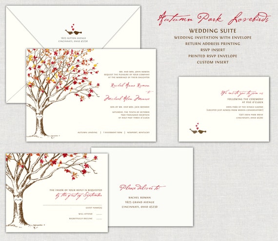 Autumn Park Lovebirds Wedding Invitation Invitations Invites Invite Birds Tree Fall Love Bird Burnt Orange Terra Cotta Gold Red Il_570xn