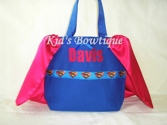 Monogrammed Super Boy with Cape Tote Bag - Personalized Halloween Superhero Trick or Treat Bag