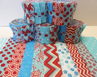 Aqua and Red Quilt Fabric Strips Jelly Roll by SEW FUN QUILTS
