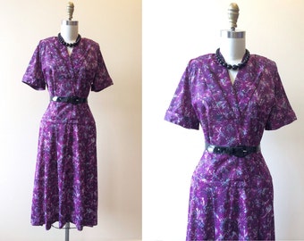 1940s Dress - Vintage 40s Dress - Purple Jersey Paisley Abstract Floral ...