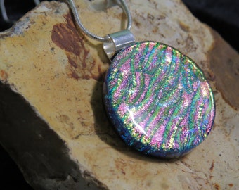 Pink Gold Dichroic Glass Pendant - Dichroic Fused Glass Necklace - Round Dichroic Fused Glass Jewelry - Fused Glass Necklace - Pink Gold