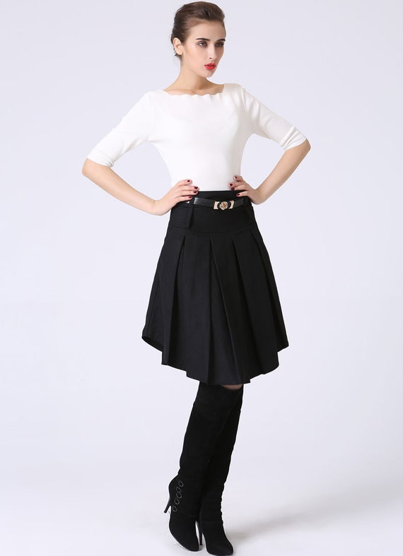 Knee-Length Asymmetrical Skirt Fall Winter Wool Black
