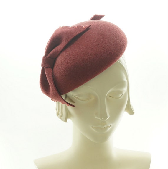 Brick Red PILLBOX HAT for Women / Vintage Style Fur Felt Hat