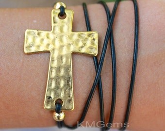 GOLD Cross Boho Leather Wrap Bracelet - Custom Hammered Textured Sideways Cross Triple Bohemian Wrap Bracelet - Pick COLOR / SIZE - Usa 128