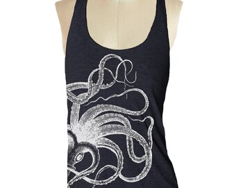 Womens OCTOPUS shirt TANK TOP--- American printed apparel Tri-Blend Racerback S M L (8 Color Options) m5p