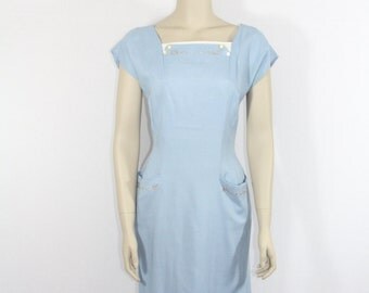 1950s Vintage Dress - Darling Blue Linen Wiggle Dress with ARROWS - 36 / 27/ 36
