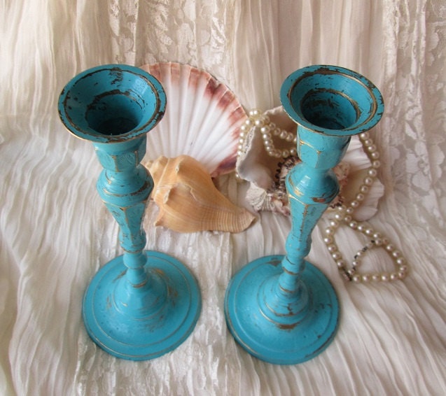 Coastal Aqua Green Brass Candle Holders Rustic and Chippy