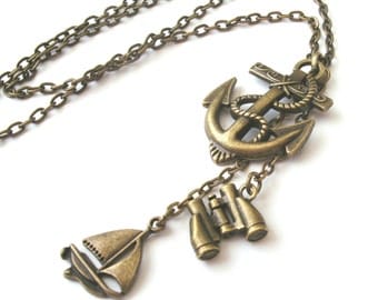 Anchor Necklace, Sailing, Binoculars Necklace, Nautical Necklace, Long Necklace, Statement Necklace