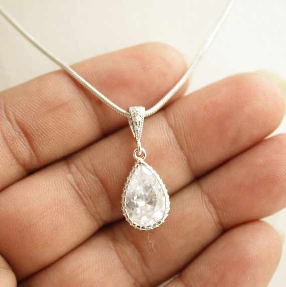 Wedding Jewelry Silver Bridal Necklace Cubic Zirconia Medium
