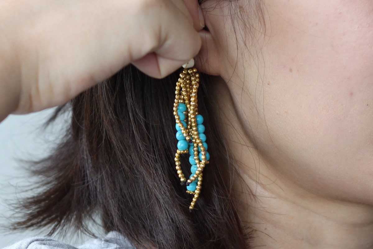 Turquoise Brass Tassels Earrings